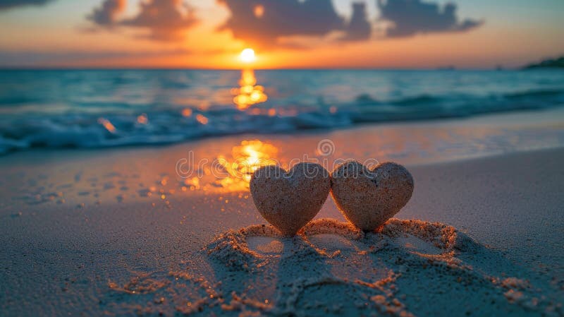 Two heart shapes carved into the sand on a beach, symbolizing love or a romantic gesture. AI Generative AI generated. Two heart shapes carved into the sand on a beach, symbolizing love or a romantic gesture. AI Generative AI generated