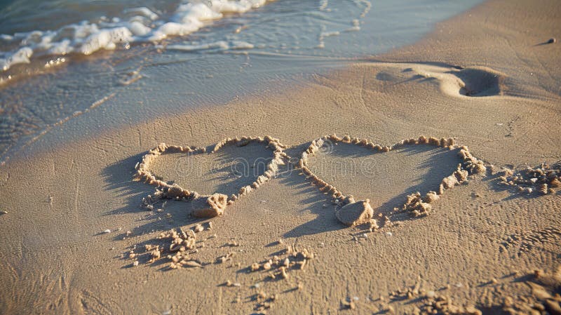 Two hearts drawn in the sand on a beach. AI generated. Two hearts drawn in the sand on a beach. AI generated