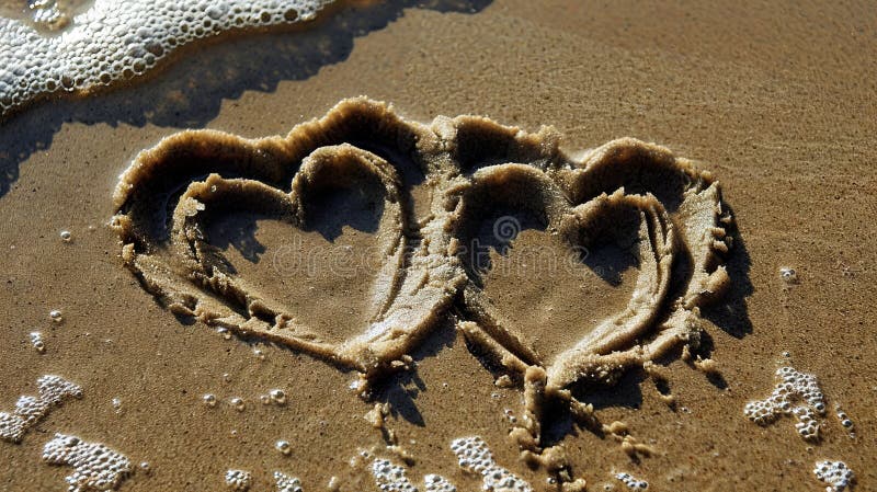 Two hearts drawn in the sand on a beach. AI generated. Two hearts drawn in the sand on a beach. AI generated
