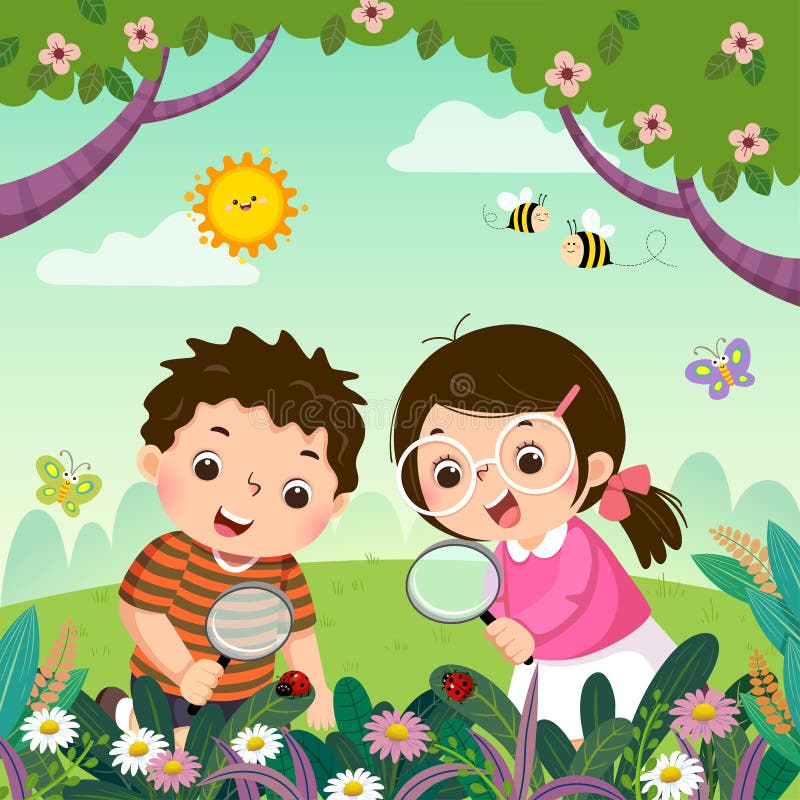 Deux enfants regardant à travers une loupe à des coccinelles sur des plantes Enfants observant la nature