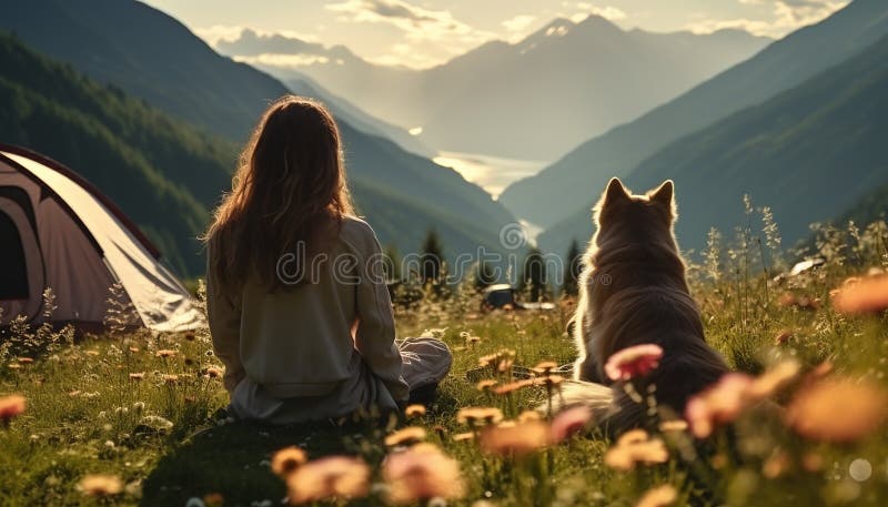 Two women sitting outdoors, enjoying nature with their dog generated by artificial intelligence AI generated. Two women sitting outdoors, enjoying nature with their dog generated by artificial intelligence AI generated