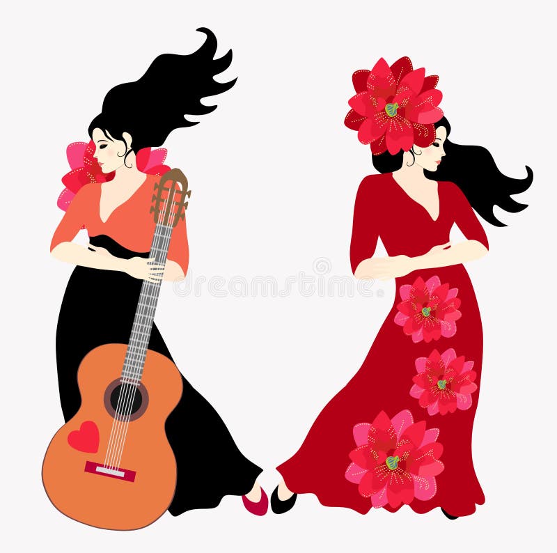 Deux femmes espagnoles aux cheveux noirs portant de longues robes - un danseur de flamenco et un guitariste - posent sur un fond illustration de vecteur Deux femmes espagnoles aux cheveux noirs portant de longues robes - un danseur de flamenco et un guitariste - posent sur un fond illustration de vecteur