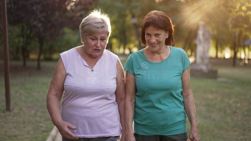 Deux femmes âgées heureuses marchent et parlent banque de vidéos