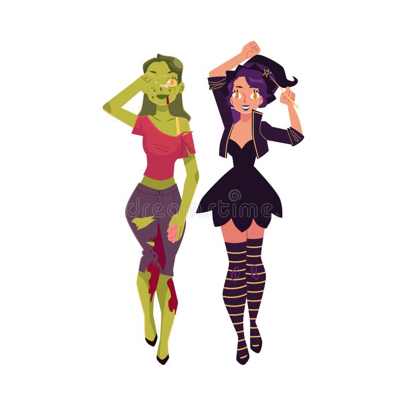 Deux filles, femmes se sont habillées pour Halloween - comme sorcière et zombi illustration stock Deux filles, femmes se sont habillées pour Halloween - comme sorcière et zombi illustration stock