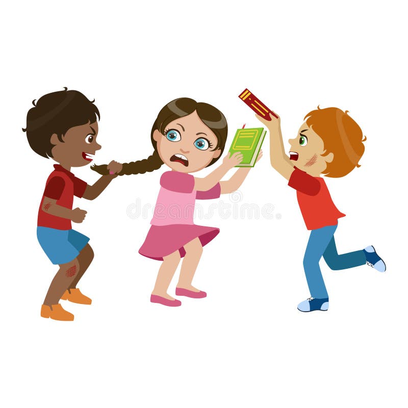Two Boys Bullying A Girl, Part Of Bad Kids Behavior And Bullies Series Of Vector Illustrations With Characters Being Rude And Offensive. Schoolboy With Aggressive Behavior Acting Out And Offending Other Children. Two Boys Bullying A Girl, Part Of Bad Kids Behavior And Bullies Series Of Vector Illustrations With Characters Being Rude And Offensive. Schoolboy With Aggressive Behavior Acting Out And Offending Other Children..