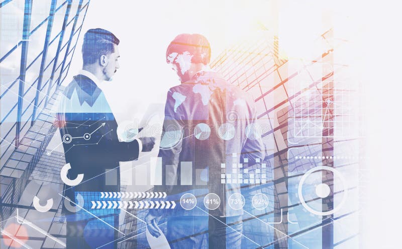 Deux hommes d'affaires parlant dans la ville, infographics illustration de vecteur Deux hommes d'affaires parlant dans la ville, infographics illustration de vecteur