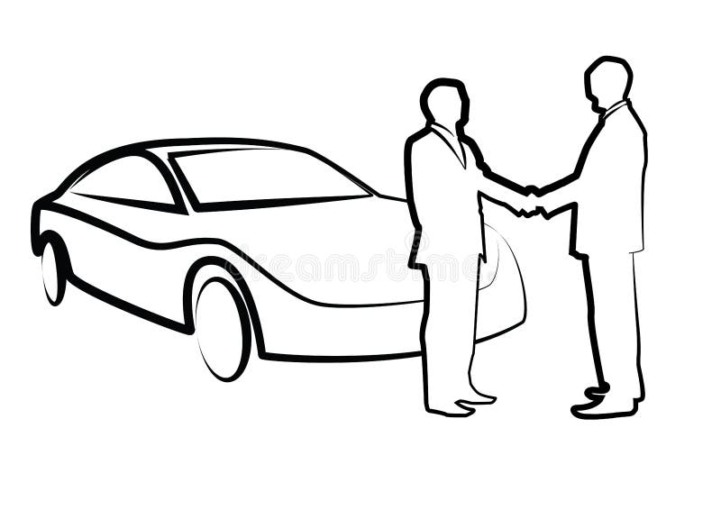 Two businessmen shaking hands in front of a car - illustration , vector - buying a car. Two businessmen shaking hands in front of a car - illustration , vector - buying a car