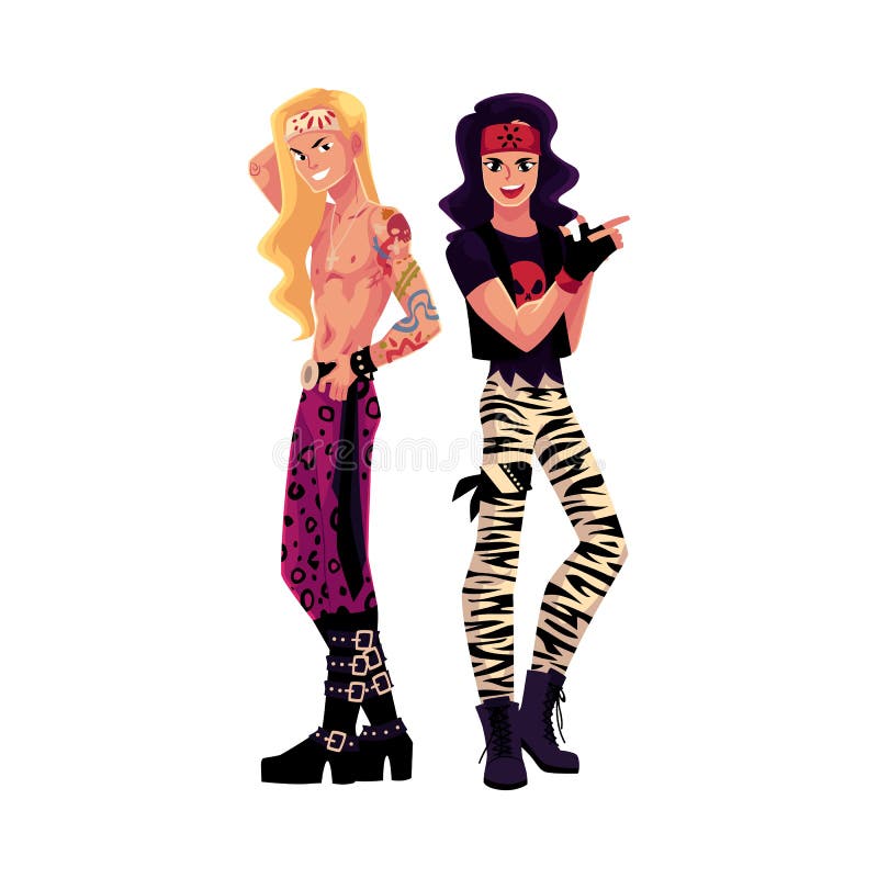 Deux hommes habillés en tant que vedettes du rock fascinantes, longs cheveux, cuir illustration stock Deux hommes habillés en tant que vedettes du rock fascinantes, longs cheveux, cuir illustration stock