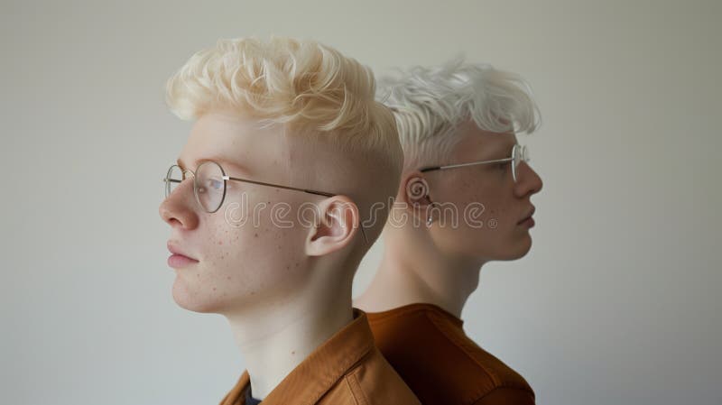 Two albino young men with glasses and short hair pose for a photo shoot. Albinism is a hereditary disease, complete or almost complete absence of the pigment melanin. The scene is laid-back as the two men stand close to each other. Generative AI. Two albino young men with glasses and short hair pose for a photo shoot. Albinism is a hereditary disease, complete or almost complete absence of the pigment melanin. The scene is laid-back as the two men stand close to each other. Generative AI