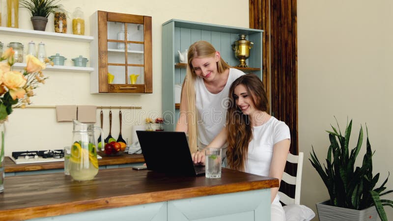 Deux jeunes femmes joyeuses faisant l'appel vidéo en ligne sur l'ordinateur portable clips vidéos