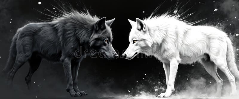 Deux loups en noir blanc. Des éclaboussures de peinture abstraites entourent. Yin yang concept représenté dans le style monochrome illustration libre de droits