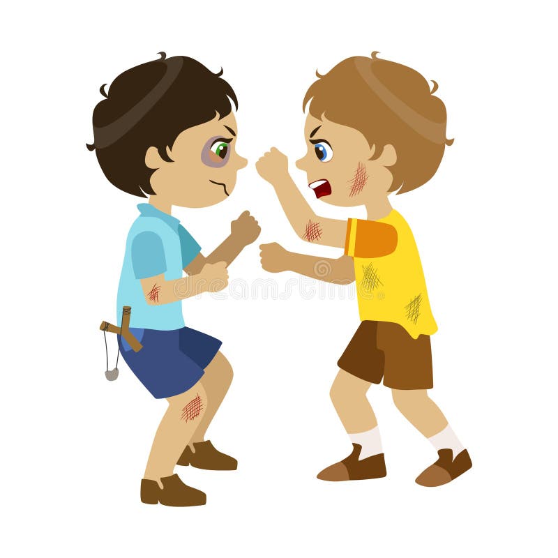 Two Bad Boys Fighting, Part Of Bad Kids Behavior And Bullies Series Of Vector Illustrations With Characters Being Rude And Offensive. Schoolboy With Aggressive Behavior Acting Out And Offending Other Children. Two Bad Boys Fighting, Part Of Bad Kids Behavior And Bullies Series Of Vector Illustrations With Characters Being Rude And Offensive. Schoolboy With Aggressive Behavior Acting Out And Offending Other Children..