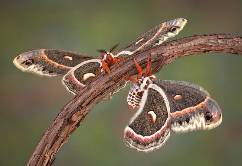 Two cecropia moths are perched on the same vine. Two cecropia moths are perched on the same vine.