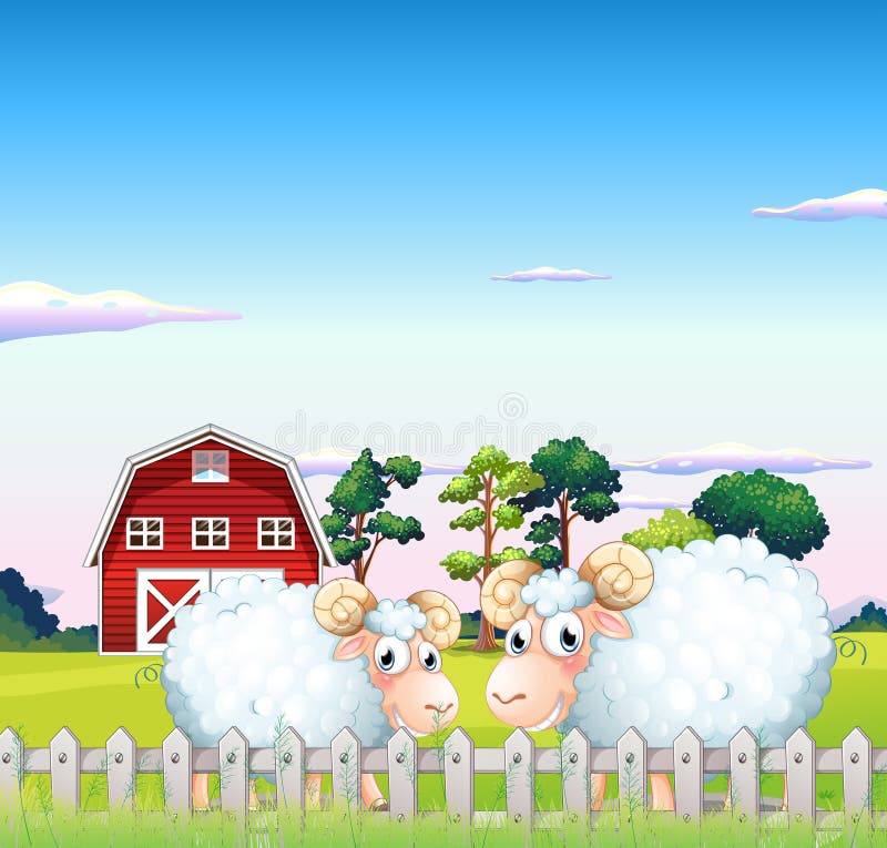Deux moutons à l'intérieur de la barrière avec une grange au fond illustration stock Deux moutons à l'intérieur de la barrière avec une grange au fond illustration stock