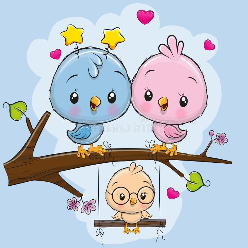 Two cute birds on a branch and a chick on the swings. Two cute birds on a branch and a chick on the swings