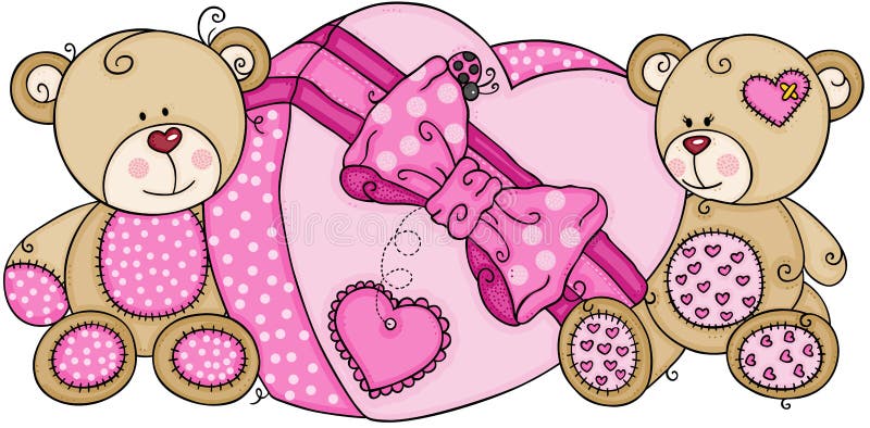 Deux ours de nounours avec le grand boîte-cadeau rose de coeur illustration de vecteur Deux ours de nounours avec le grand boîte-cadeau rose de coeur illustration de vecteur