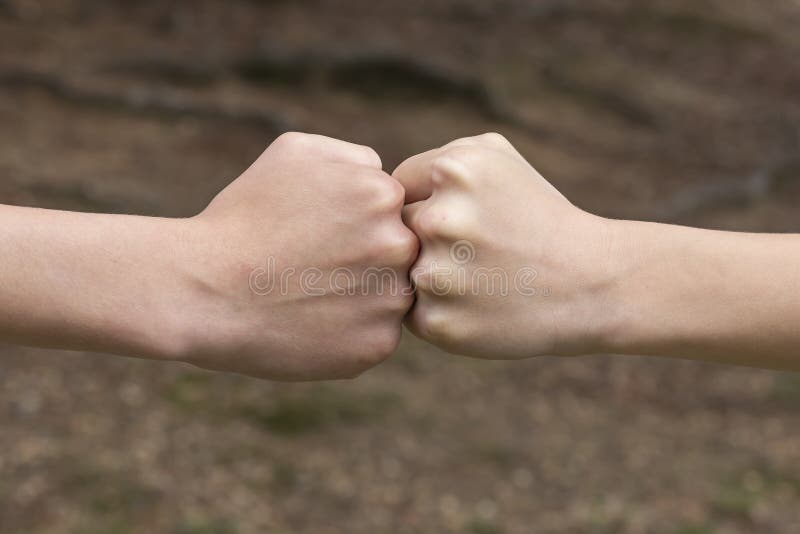Deux poings des enfants se sont frappés dans la forêt et le parc photo stock Deux poings des enfants se sont frappés dans la forêt et le parc photo stock