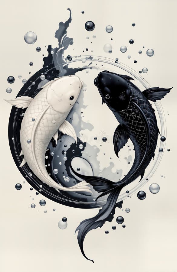 Deux poissons koi nager en cercle. poisson blanc noir symbolise le concept yin yang. fond d'eau avec bulles. style art illustration de vecteur