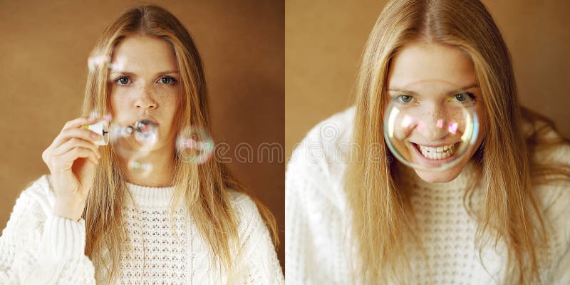 Deux portraits de fille fashinable drôle avec des bulles de savon image stock Deux portraits de fille fashinable drôle avec des bulles de savon image stock