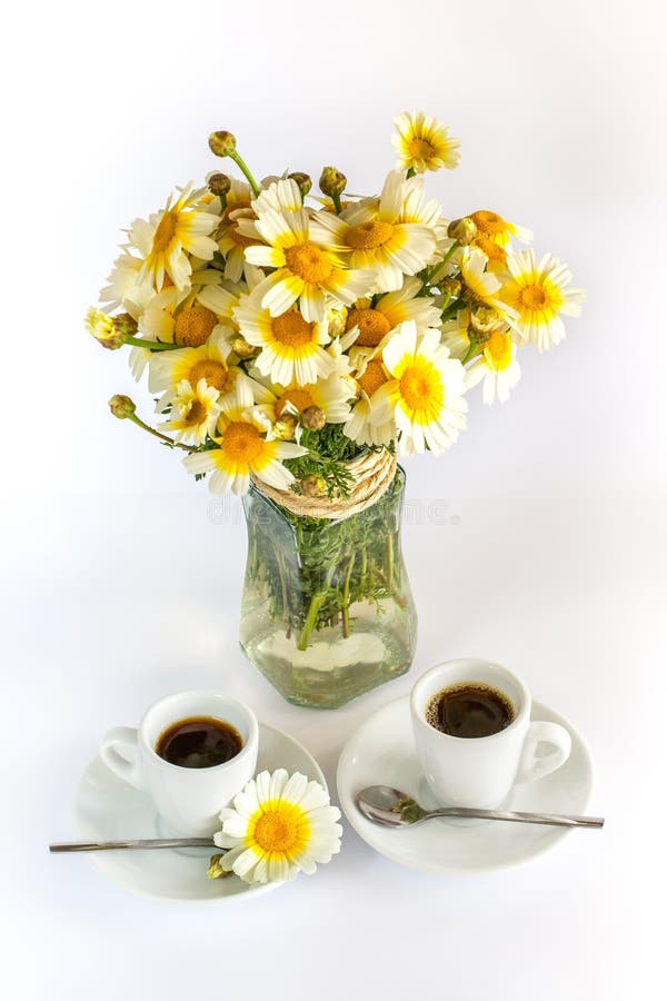 Two cups of coffee and a bouquet of camomiles on a white background. Two cups of coffee and a bouquet of camomiles on a white background