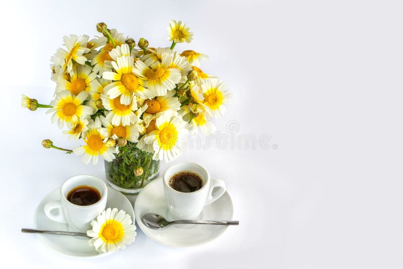 Two cups of coffee and a bouquet of camomiles on a white background. Space for text. Two cups of coffee and a bouquet of camomiles on a white background. Space for text