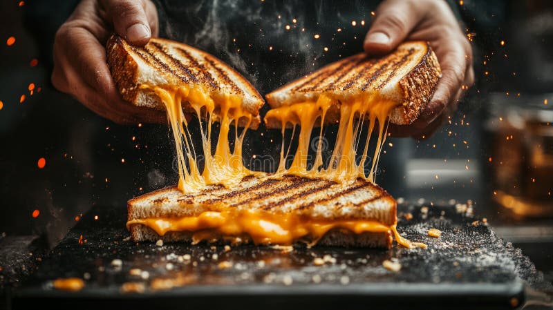 Deux tranches de pain parfaitement grillé sont déchiquetées, révélant du fromage fondu de goey qui s'étire entre elles dans une ch photos libres de droits
