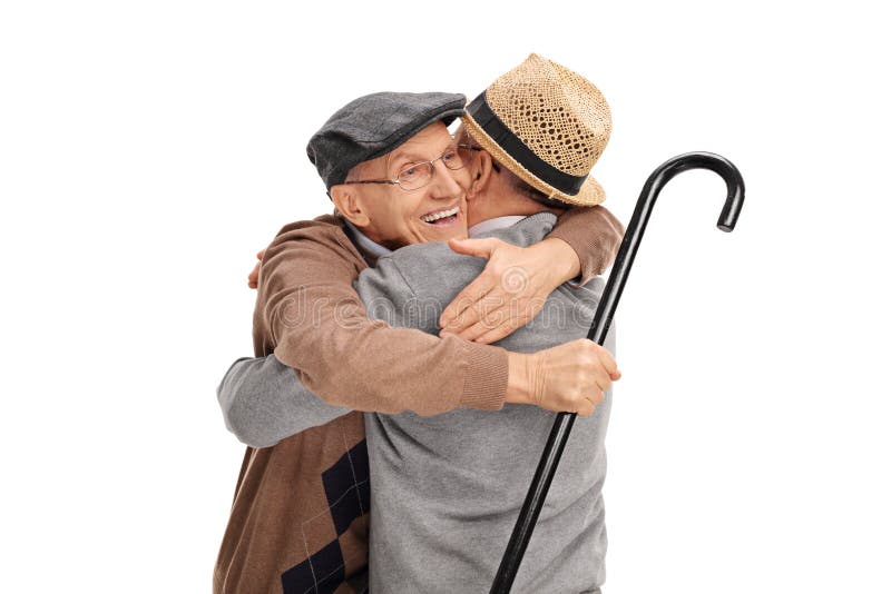 Studio shot of two old friends hugging each other isolated on white background. Studio shot of two old friends hugging each other isolated on white background
