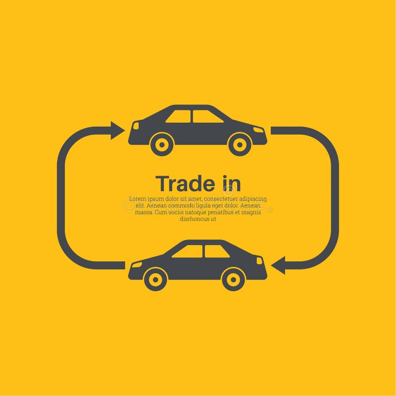 Two cars with the index of an arrow of an exchange on a yellow background. The concept of a good bargain made with the vehicle. A vector illustration in flat style. Two cars with the index of an arrow of an exchange on a yellow background. The concept of a good bargain made with the vehicle. A vector illustration in flat style.