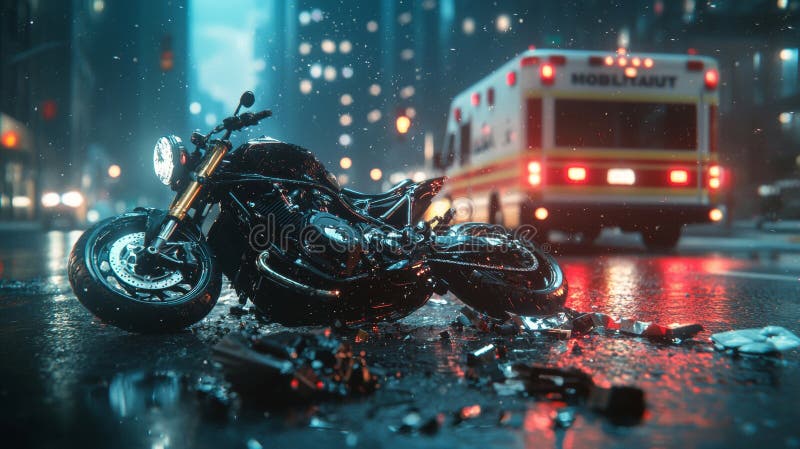 A devastating collision scene showing a damaged motorcycle after a severe collision with a car, highlighting the crash stock photography