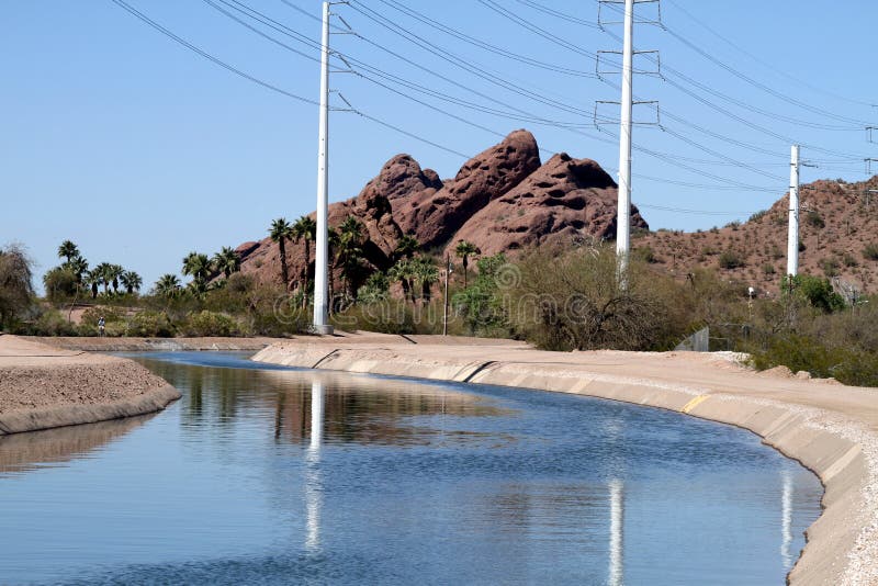 USA, Arizona Irrigation Canal And Power Lines Stock Photo Image of