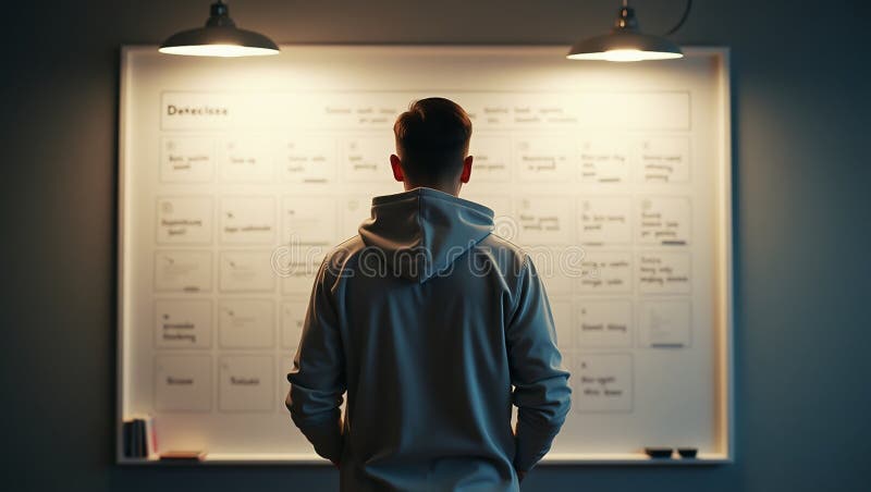 Developer Analyzing a Storyboard for Software Development stock image