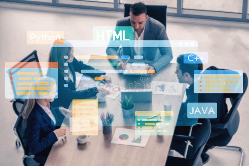 Developer Coding with Digital Interface and Overlays Vouch stock photos