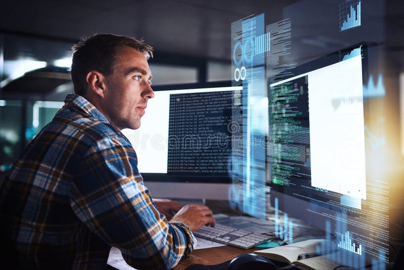 Developer, man and programmer code on computer screen with cybersecurity hologram, analytics and seo or working at night stock image