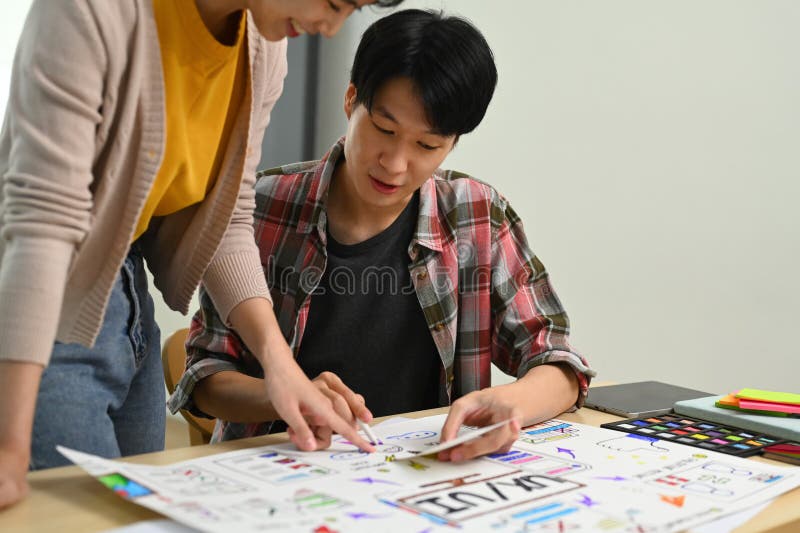 Developer team working on development project for mobile application at creative office. User experience concept royalty free stock photo