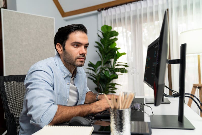 Developer working software development coding two computer code screen. Surmise. stock photography
