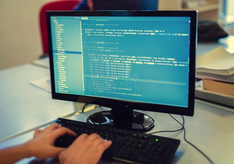 Developer working on source codes on computer at office. Close-up photograph of a developer working on source codes on computer at office Developer working on source codes on computer at office. Close-up photograph of a developer working on source codes on computer at office