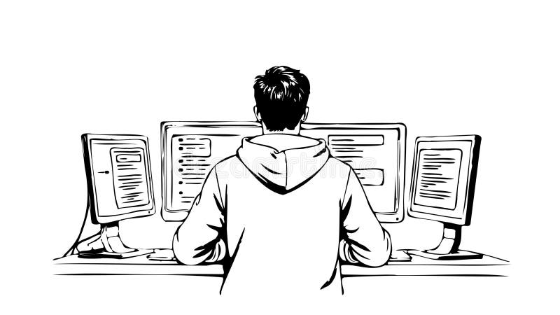 Developer works computers. Back view programmer coding. IT business software development. Black lines drawing white vector illustration