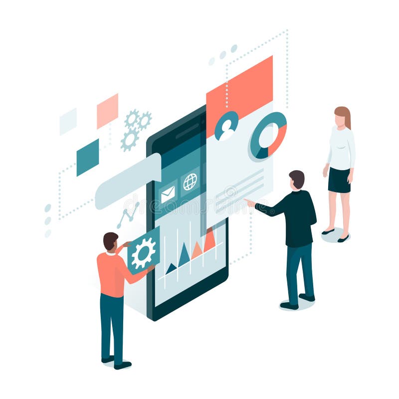 App development and business. Developers building mobile apps and working together on a user interface, communication and technology concept