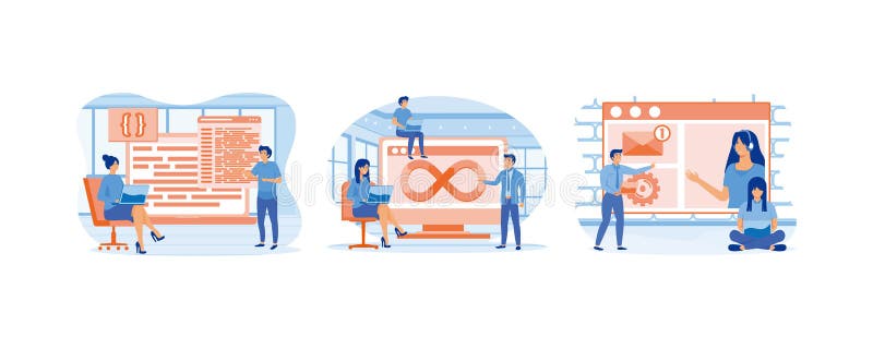 Developers and DevOps concept. Technical support teams work together to build software engineering systems. stock illustration