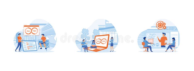 Developers. technical support teams working together to build an engineering system. Software development and it operations. stock illustration