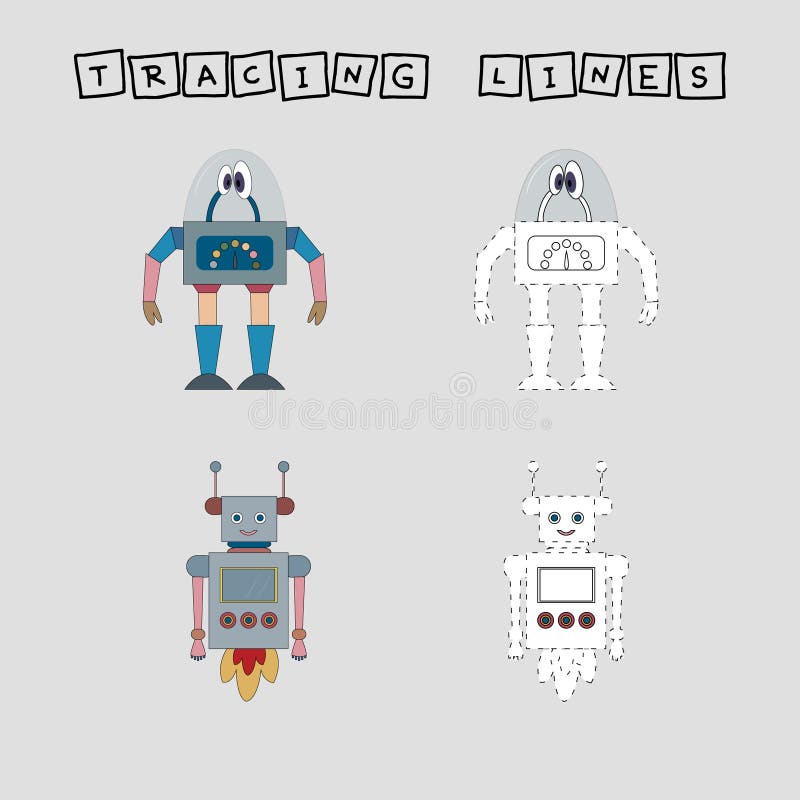 Tracing lines. Developing an activity for children, the tracing the lines of cute robots. Logic game for children