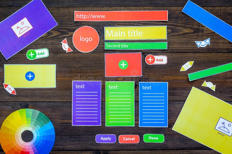 Developing internet site. Website design concept. Elements, blocks, instruments, tools for make site on dark wooden stock photo Developing internet site. Website design concept. Elements, blocks, instruments, tools for make site on dark wooden stock photo