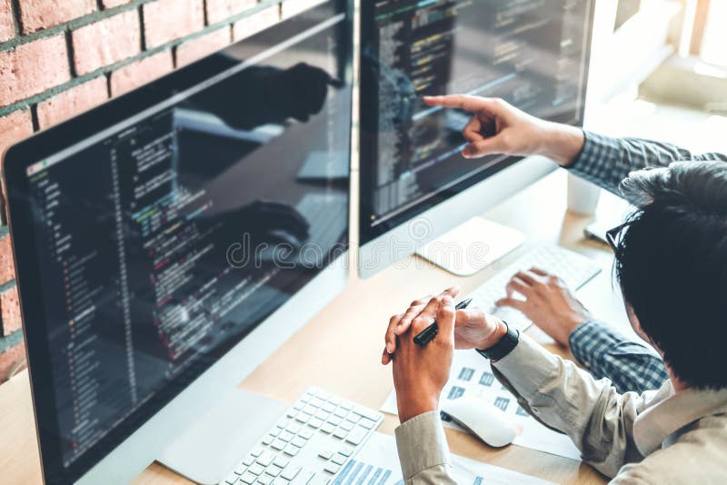 Developing programmer Team Development Website design and coding technologies working in software company office royalty free stock images