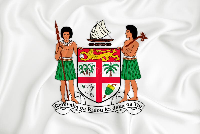 A Developing White Flag with the Coat of Arms of Fiji. Country Symbol. Illustration Stock Photo