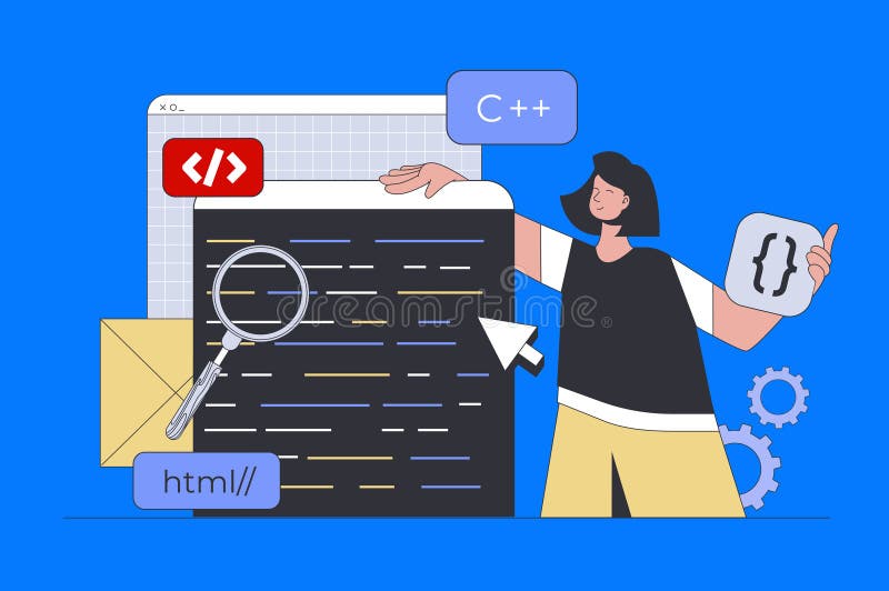 Development concept in modern flat design for web. Woman programming and working with code, creating and preparing royalty free illustration