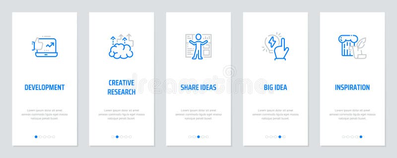Development, Creative research, Share ideas, Big idea, Inspiration Vertical Cards with strong metaphors. vector illustration