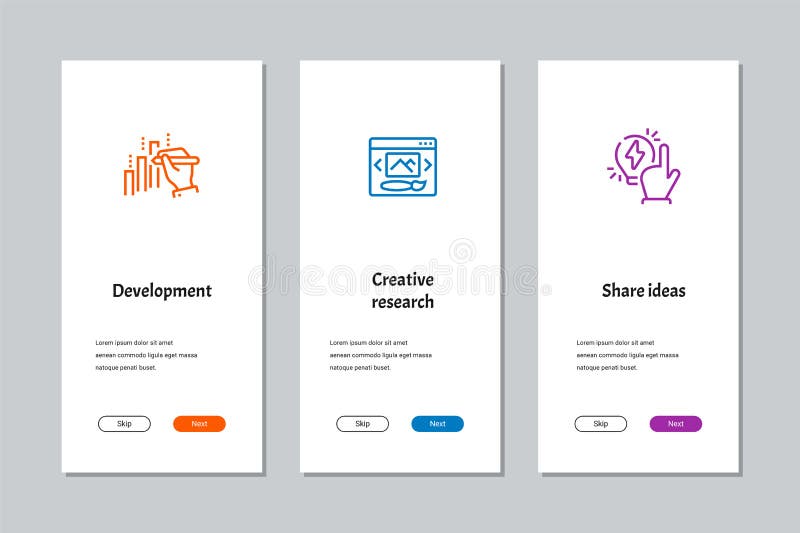 Development, Creative research, Share ideas onboarding screens royalty free illustration