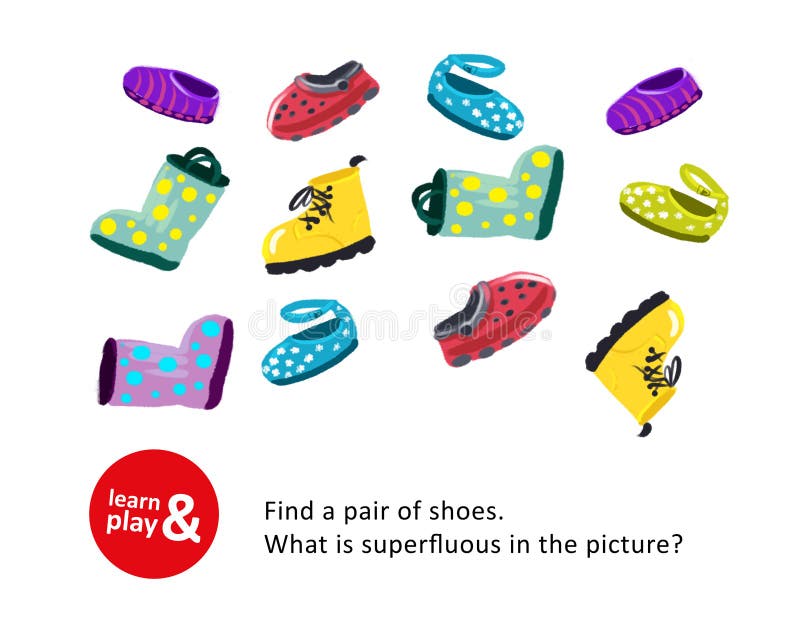 Development game of attention and concentration for children. Find same pair of shoes, identify superfluous shoes. Use