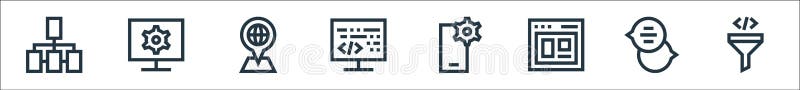 Development line icons. linear set. quality vector line set such as code, chat box, website, smartphone, coding, world, monitor stock illustration