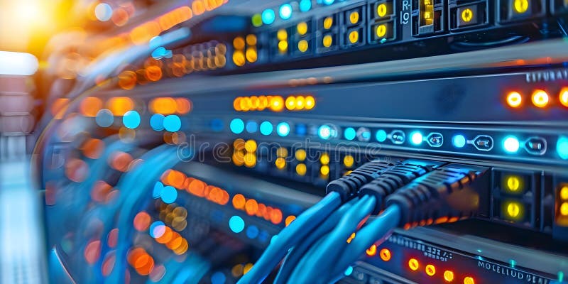 Development of Quantum Computers in Progress: Network Cables in Server Room. Concept Quantum stock illustration